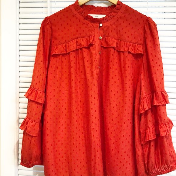 Loft Dot Textured Ruffled Long Sleeve Top Size L NWT. - Picture 2 of 16